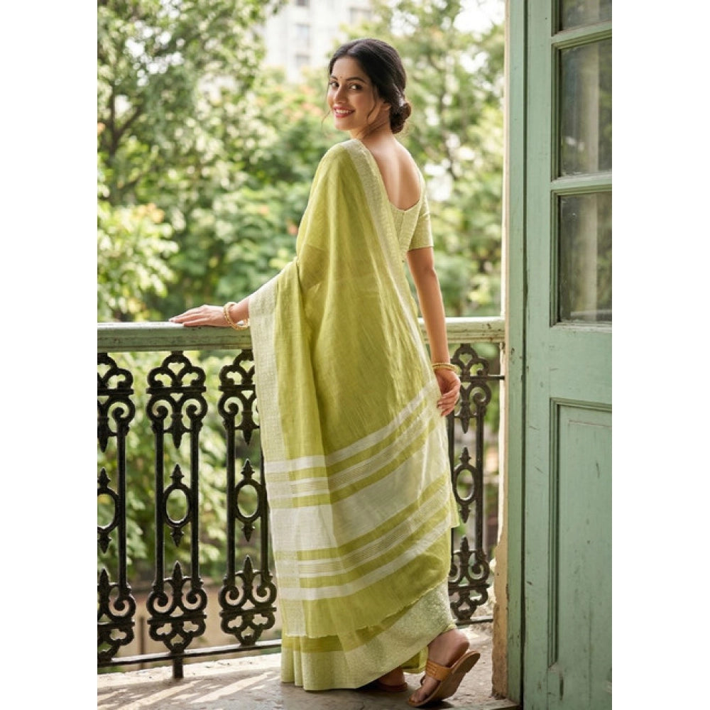 Women's Linen Striped Saree With Unstitched Blouse 5.5Mtr (Light Green)