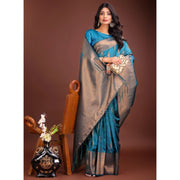 Women's Banarasi Silk Printed Saree With Unstitched Blouse 5.5Mtr (Blue)