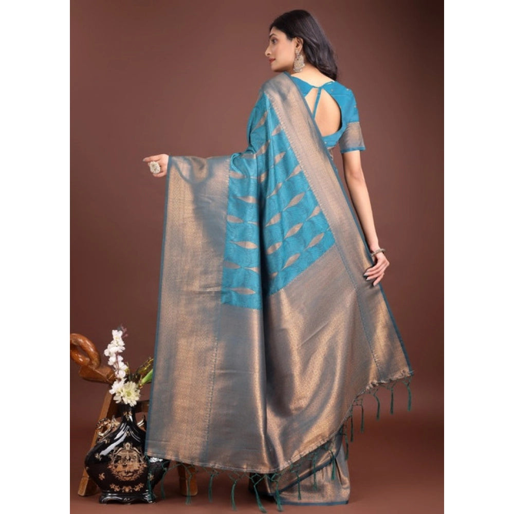 Women's Banarasi Silk Printed Saree With Unstitched Blouse 5.5Mtr (Blue)