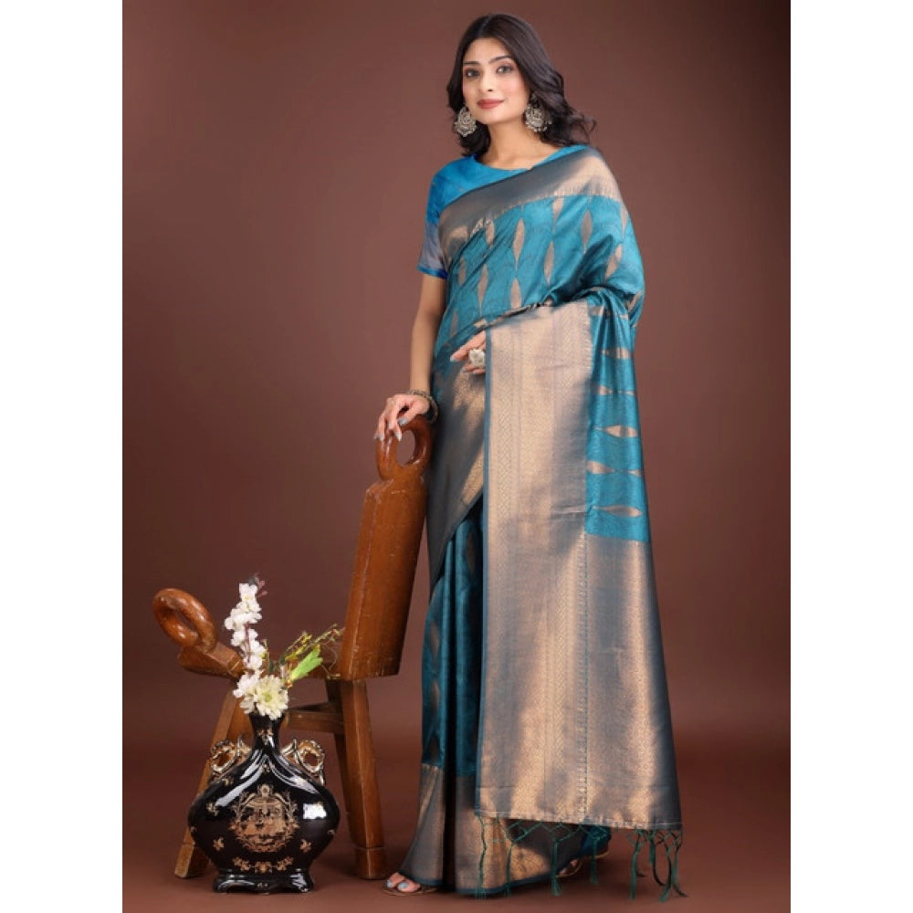 Women's Banarasi Silk Printed Saree With Unstitched Blouse 5.5Mtr (Blue)