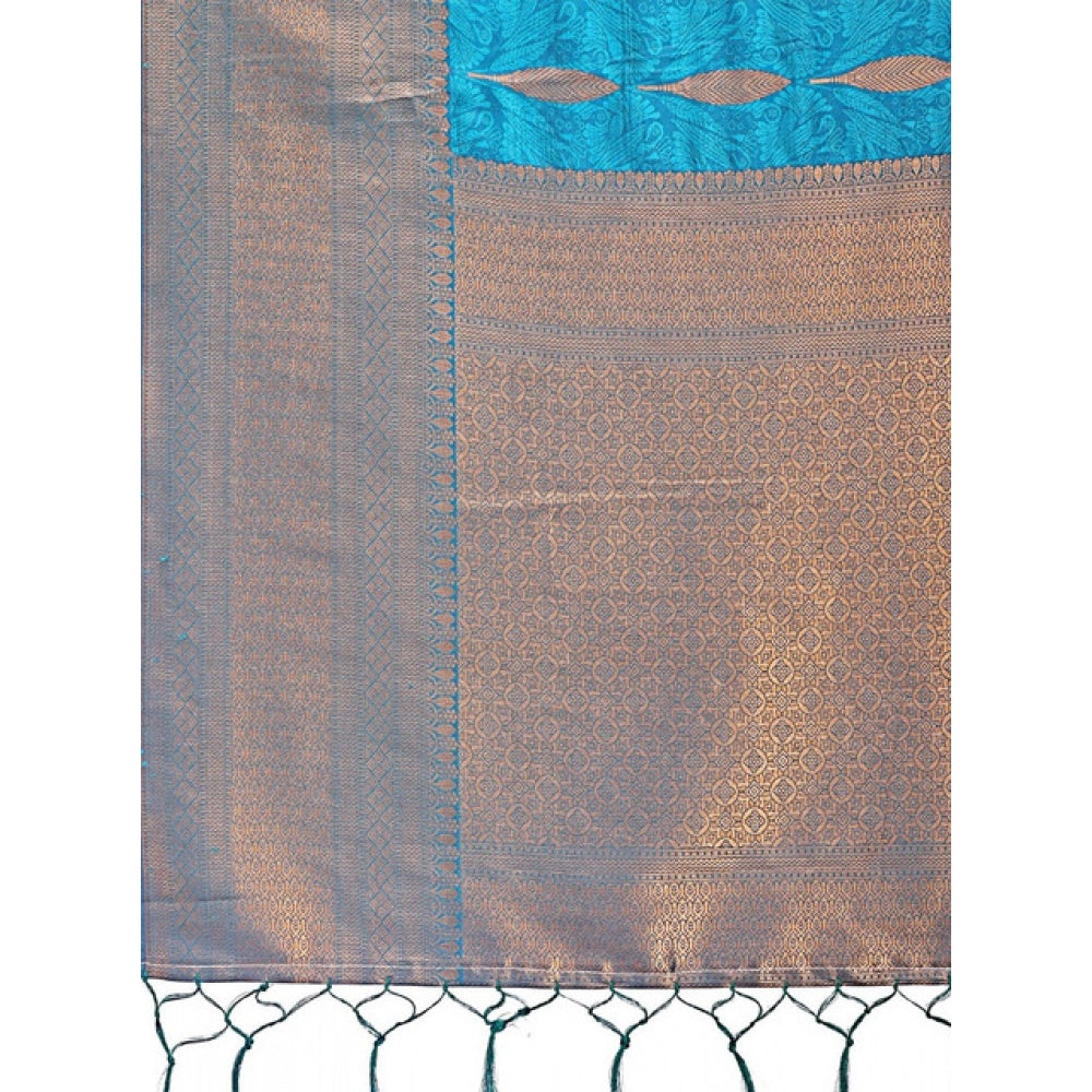 Women's Banarasi Silk Printed Saree With Unstitched Blouse 5.5Mtr (Blue)