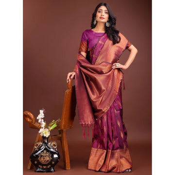 Women's Banarasi Silk Printed Saree With Unstitched Blouse 5.5Mtr (Purple)