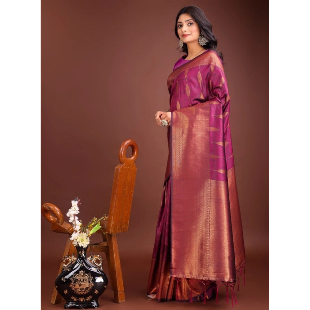 Women's Banarasi Silk Printed Saree With Unstitched Blouse 5.5Mtr (Purple)