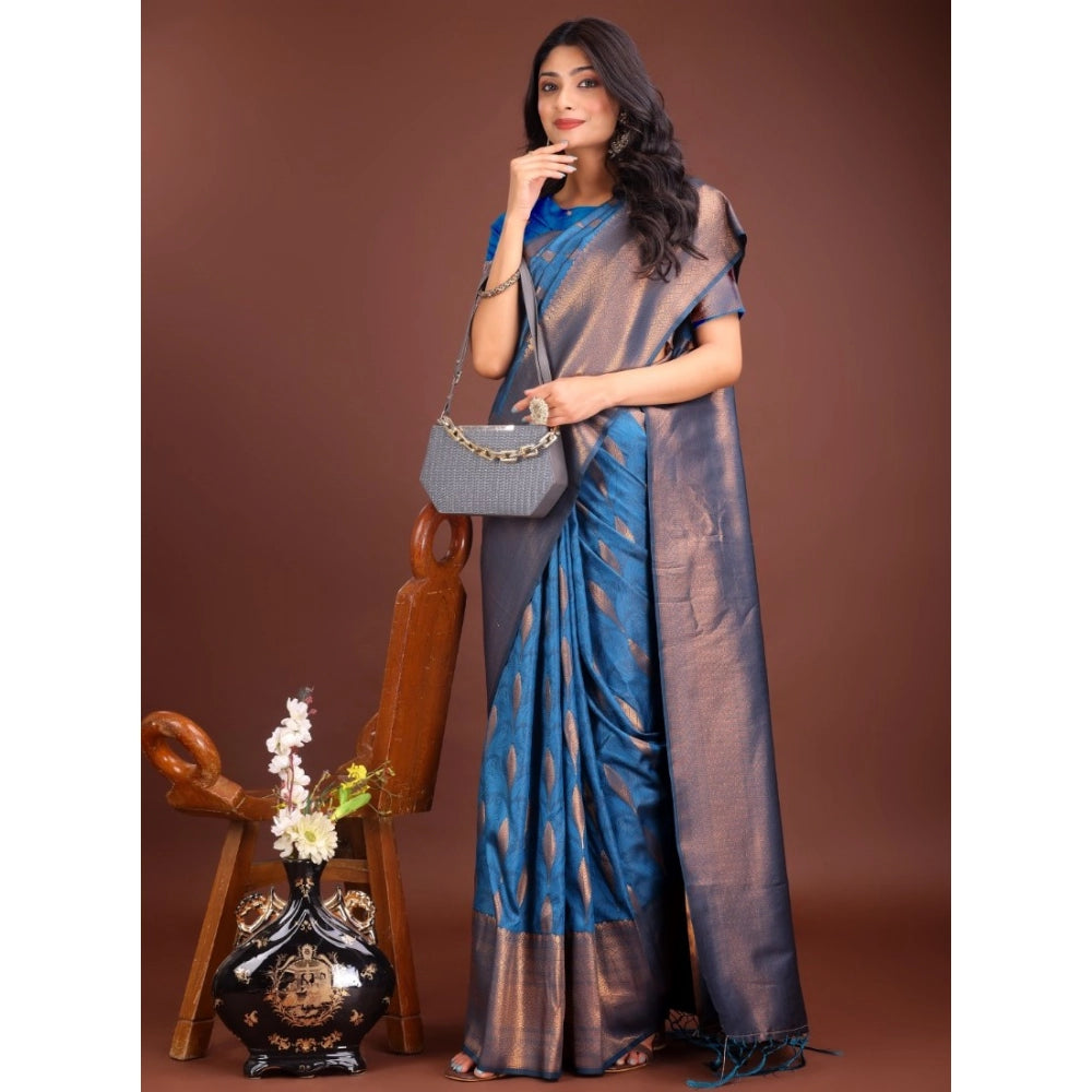 Women's Banarasi Silk Printed Saree With Unstitched Blouse 5.5Mtr (Royal Blue)