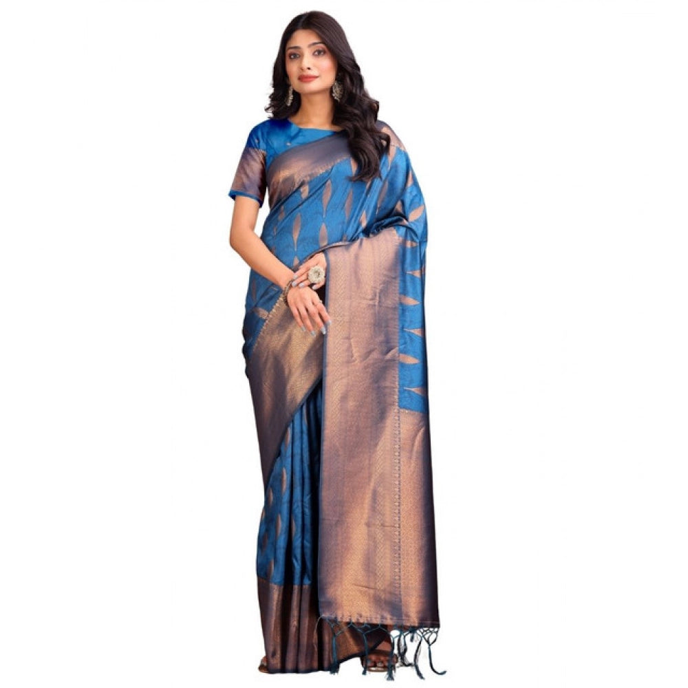 Women's Banarasi Silk Printed Saree With Unstitched Blouse 5.5Mtr (Royal Blue)