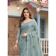 Women's Linen Embroidered Saree With Unstitched Blouse 5.5Mtr (Sea Green)