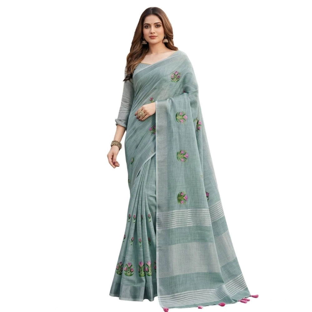 Women's Linen Embroidered Saree With Unstitched Blouse 5.5Mtr (Sea Green)