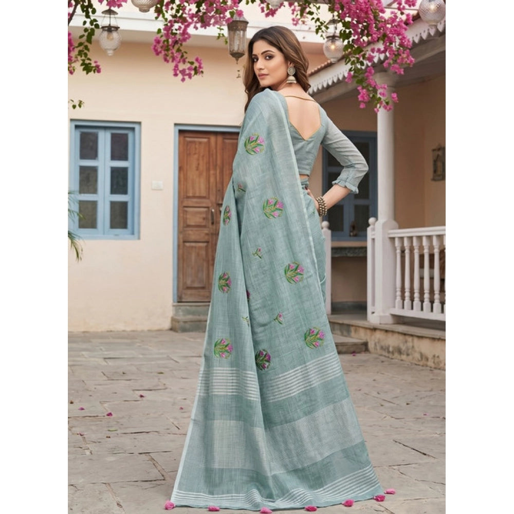 Women's Linen Embroidered Saree With Unstitched Blouse 5.5Mtr (Sea Green)