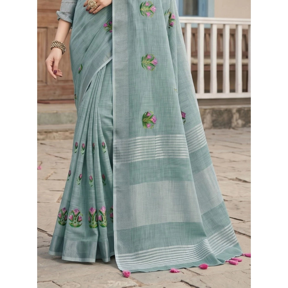 Women's Linen Embroidered Saree With Unstitched Blouse 5.5Mtr (Sea Green)