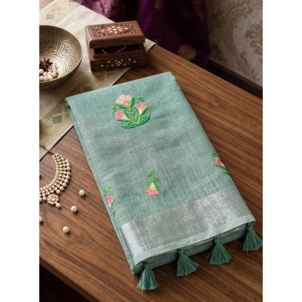 Women's Linen Embroidered Saree With Unstitched Blouse 5.5Mtr (Sea Green)