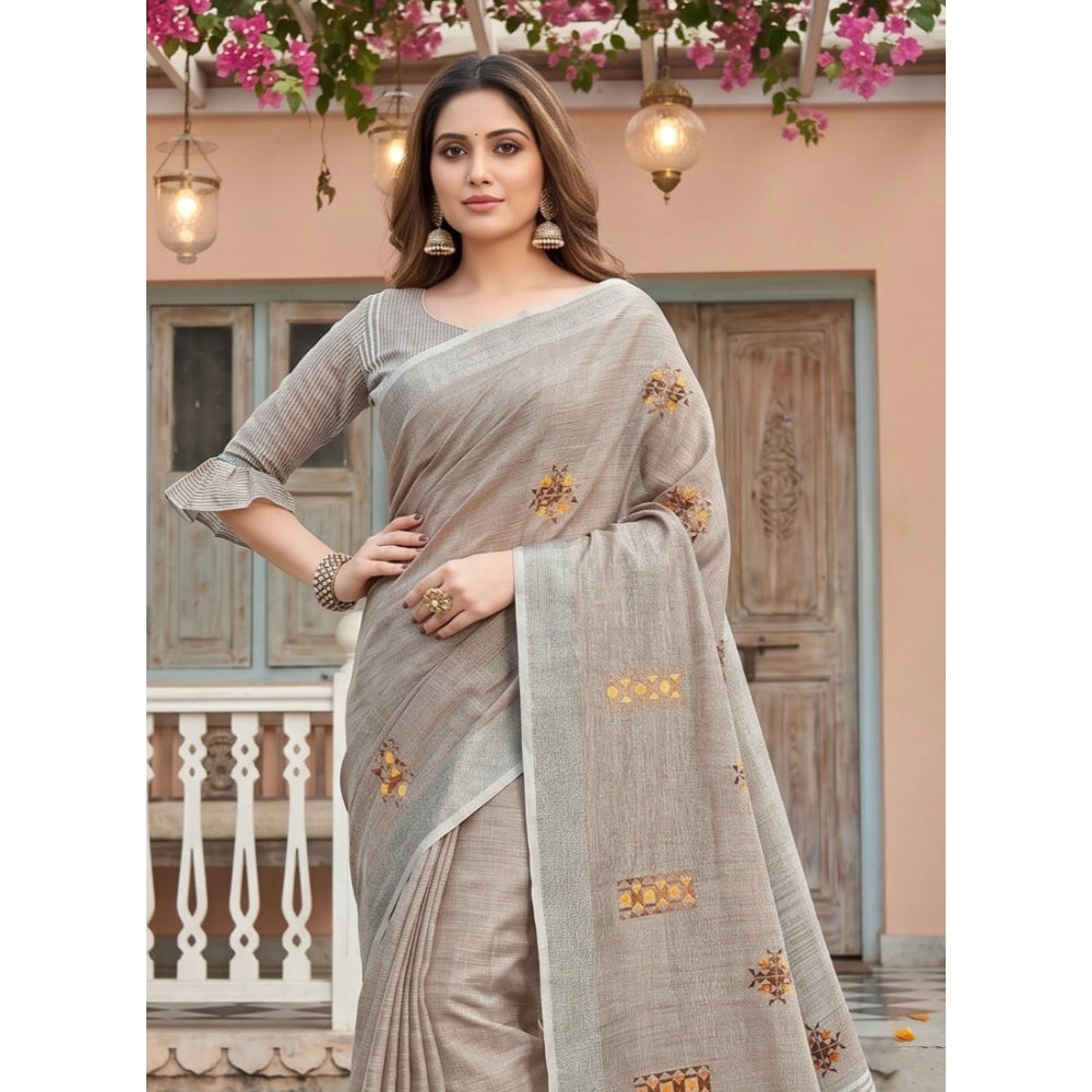 Women's Linen Embroidered Saree With Unstitched Blouse 5.5Mtr (Light Beige)