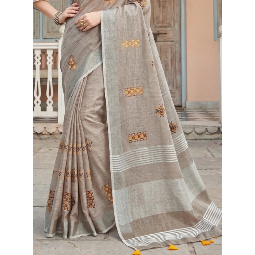 Women's Linen Embroidered Saree With Unstitched Blouse 5.5Mtr (Light Beige)