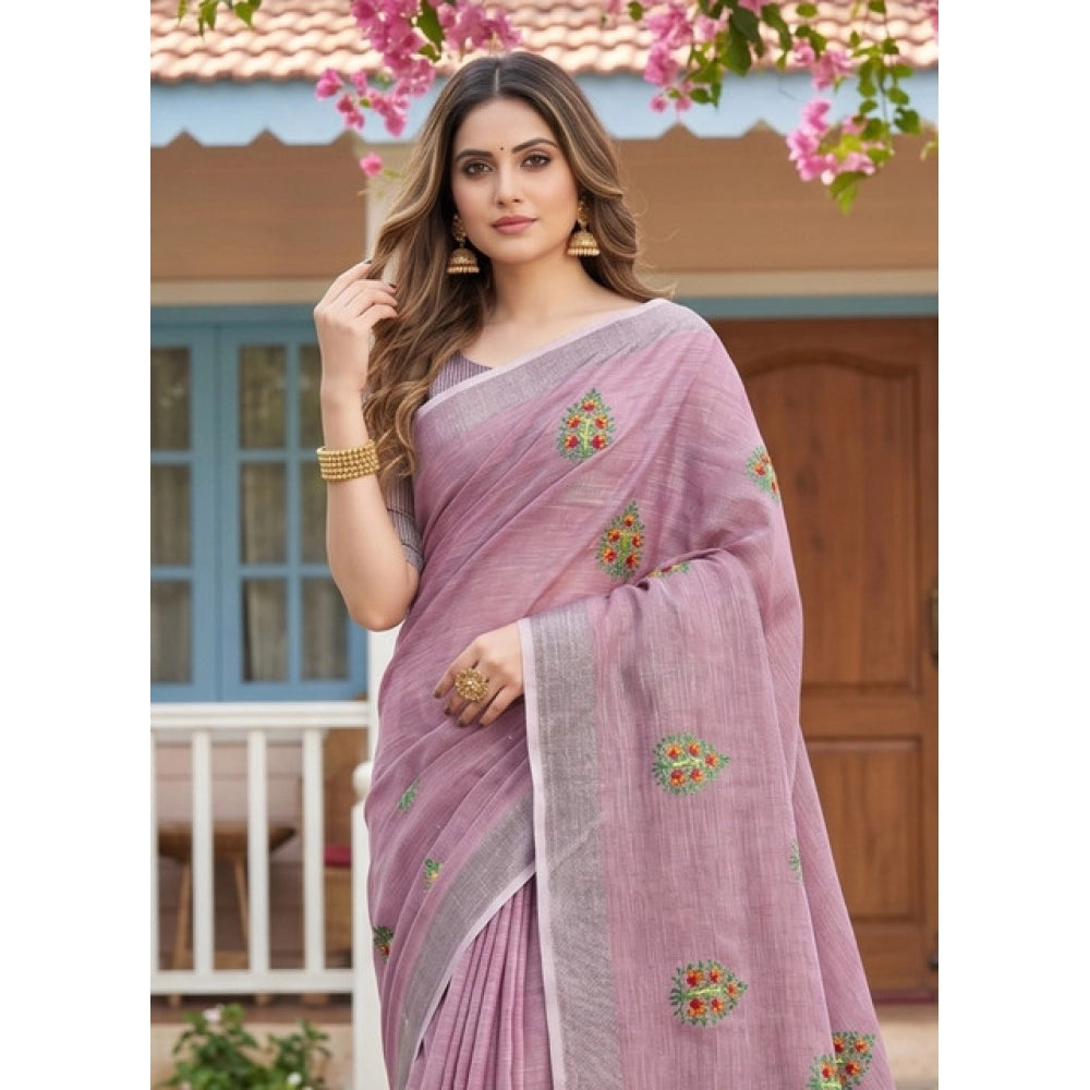 Women's Linen Embroidered Saree With Unstitched Blouse 5.5Mtr (Light Purple)