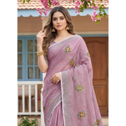 Women's Linen Embroidered Saree With Unstitched Blouse 5.5Mtr (Light Purple)