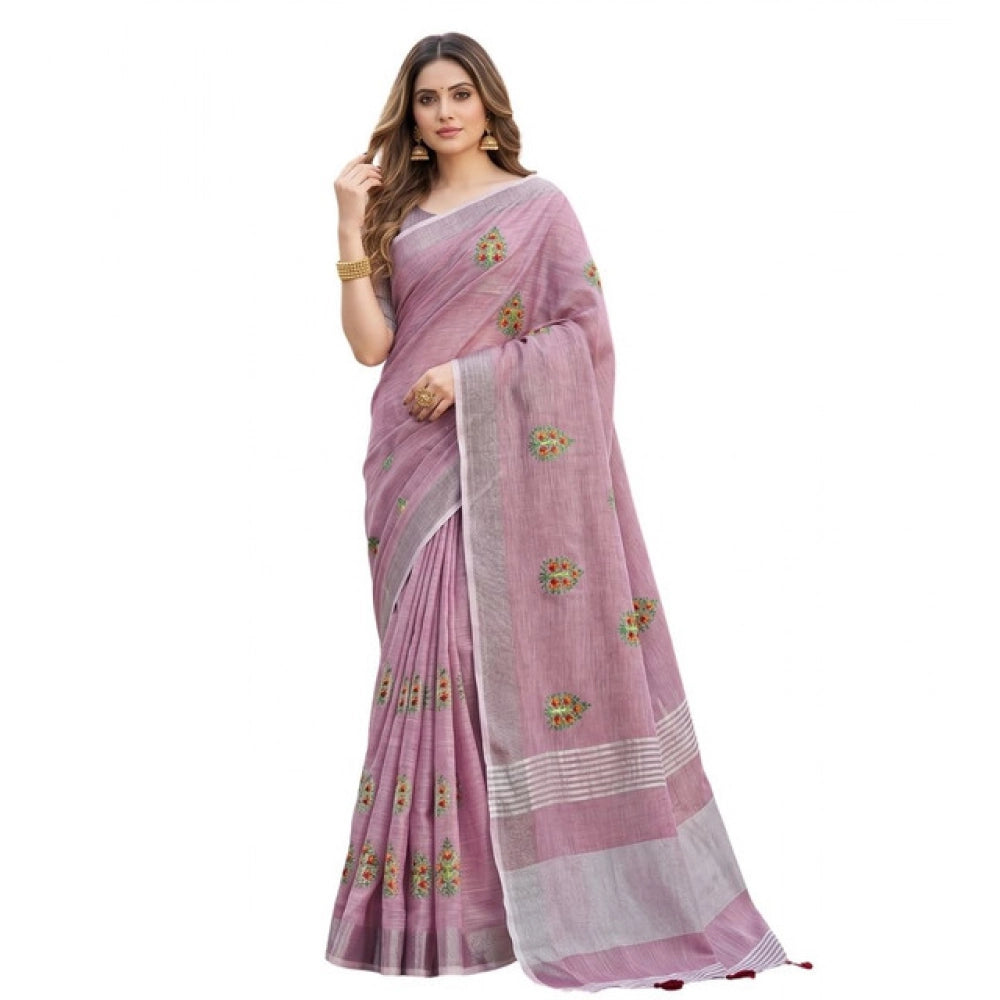Women's Linen Embroidered Saree With Unstitched Blouse 5.5Mtr (Light Purple)