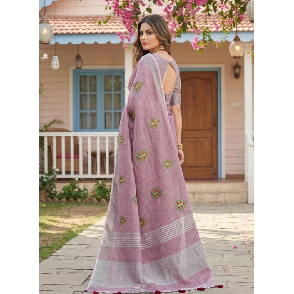 Women's Linen Embroidered Saree With Unstitched Blouse 5.5Mtr (Light Purple)