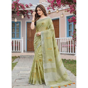Women's Linen Embroidered Saree With Unstitched Blouse 5.5Mtr (Light Green)