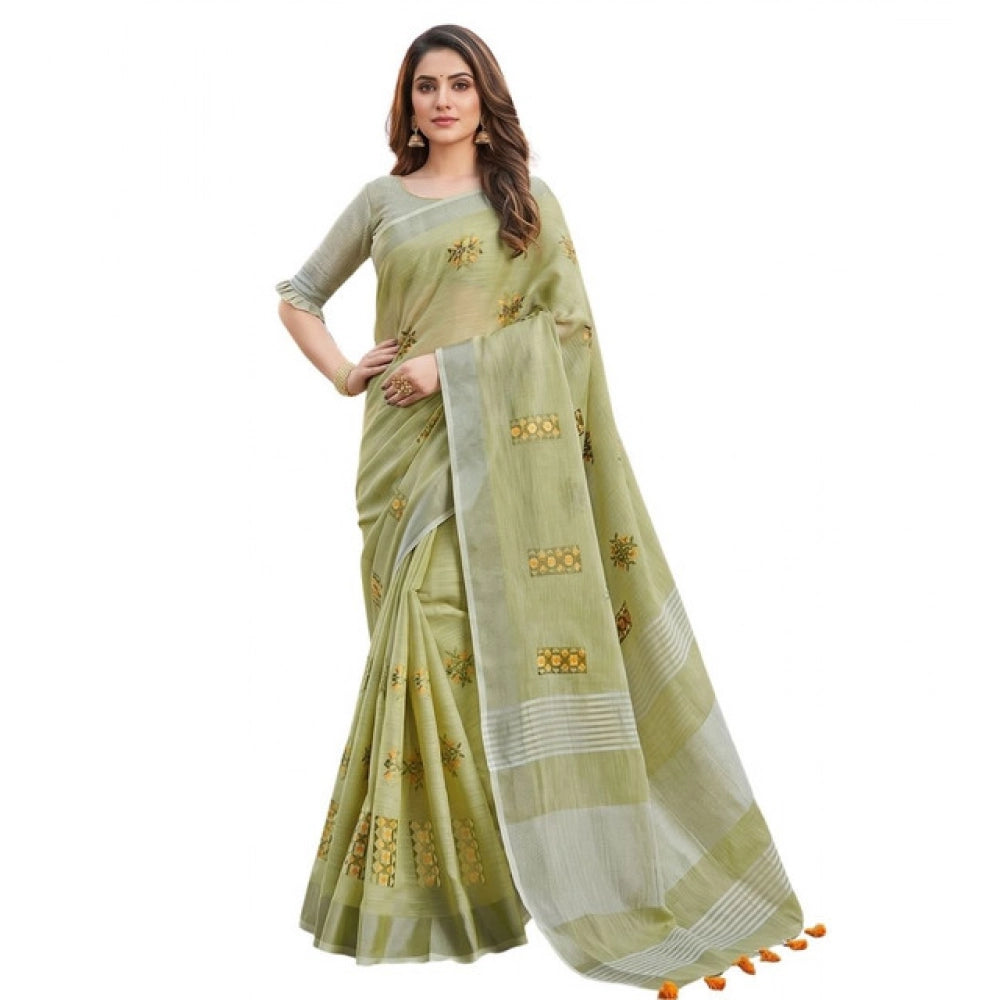 Women's Linen Embroidered Saree With Unstitched Blouse 5.5Mtr (Light Green)