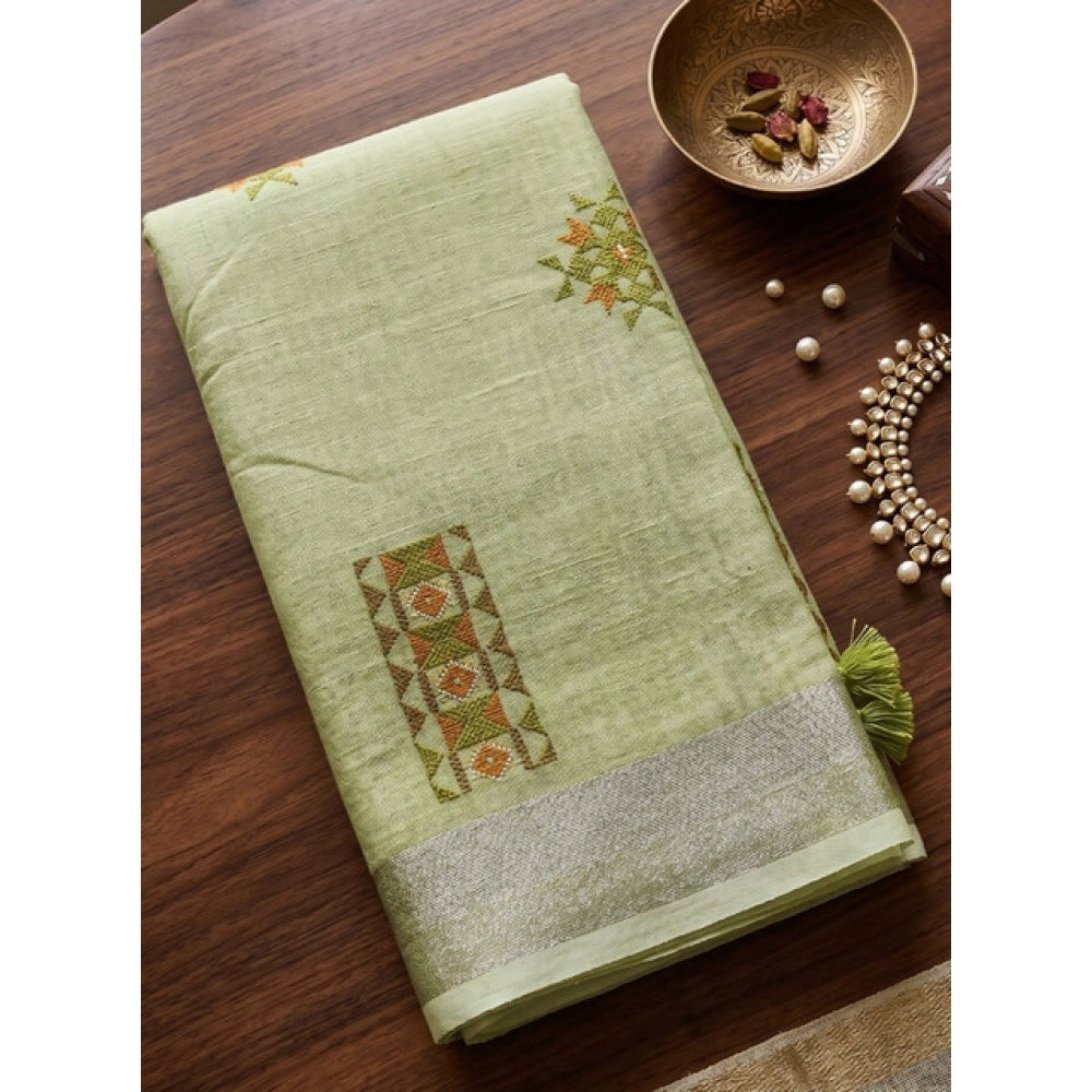 Women's Linen Embroidered Saree With Unstitched Blouse 5.5Mtr (Light Green)