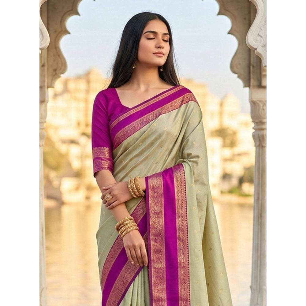 Women's Silk Blend Printed Saree With Unstitched Blouse 5.5Mtr (Light Green-Pink)