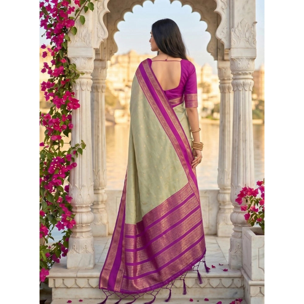 Women's Silk Blend Printed Saree With Unstitched Blouse 5.5Mtr (Light Green-Pink)