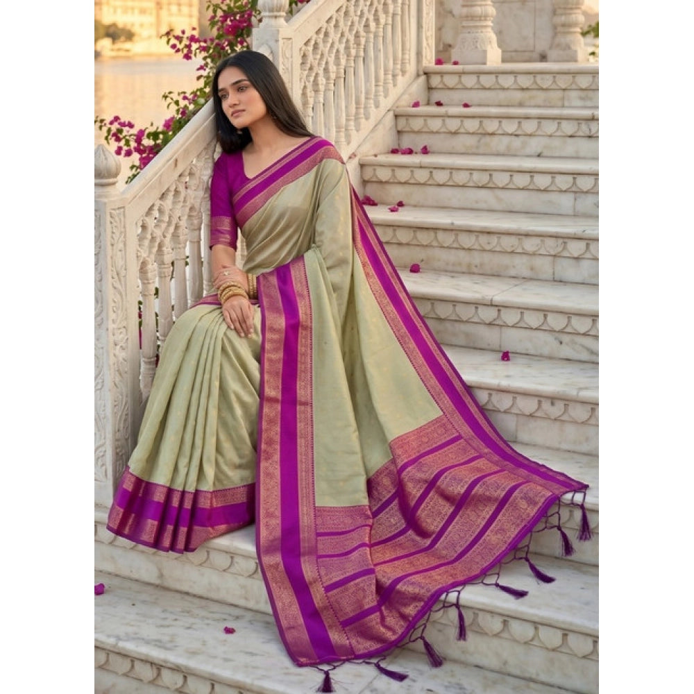 Women's Silk Blend Printed Saree With Unstitched Blouse 5.5Mtr (Light Green-Pink)