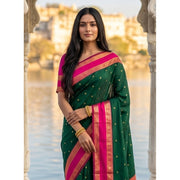 Women's Silk Blend Printed Saree With Unstitched Blouse 5.5Mtr (Dark Green-Pink)