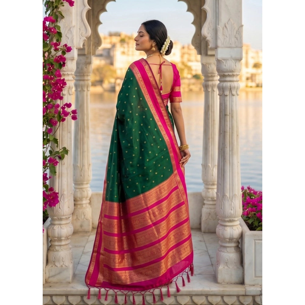 Women's Silk Blend Printed Saree With Unstitched Blouse 5.5Mtr (Dark Green-Pink)