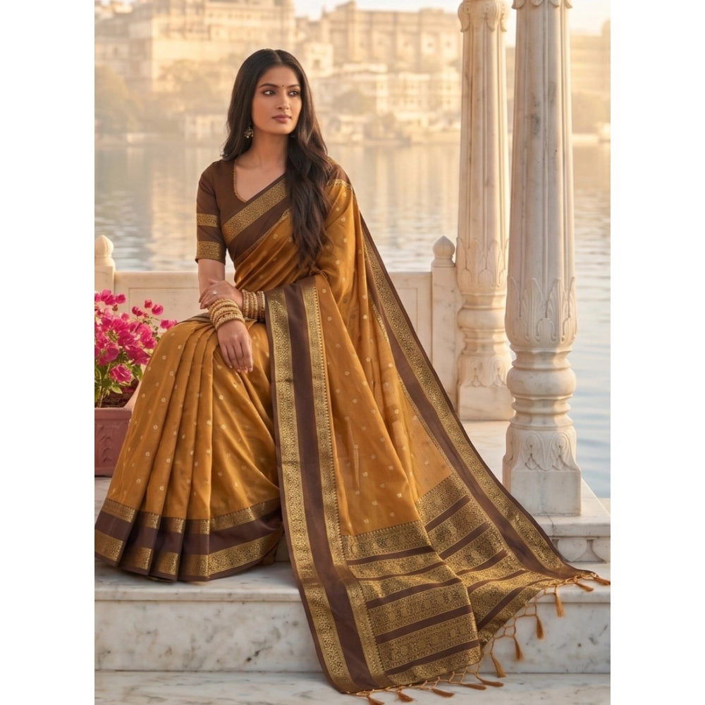 Women's Silk Blend Printed Saree With Unstitched Blouse 5.5Mtr (Mustard-Brown)