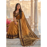 Women's Silk Blend Printed Saree With Unstitched Blouse 5.5Mtr (Mustard-Brown)