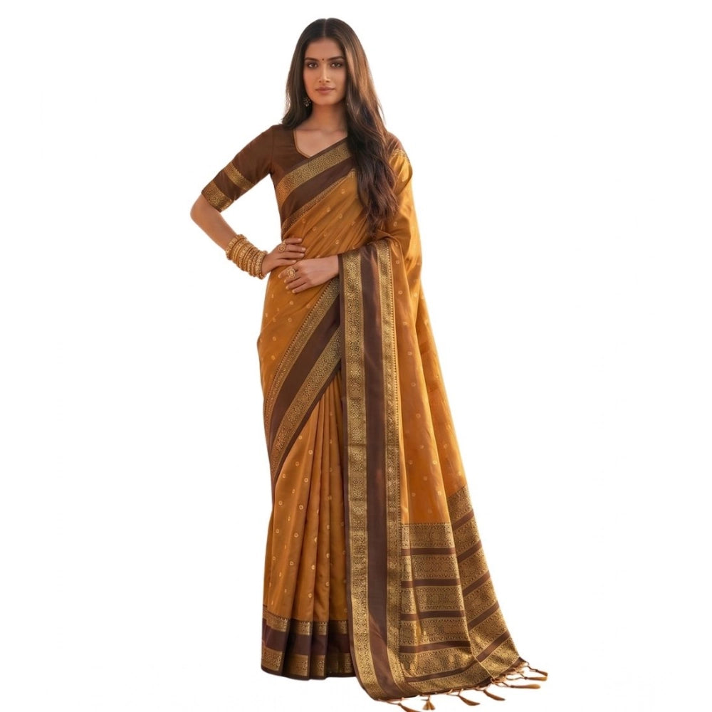 Women's Silk Blend Printed Saree With Unstitched Blouse 5.5Mtr (Mustard-Brown)