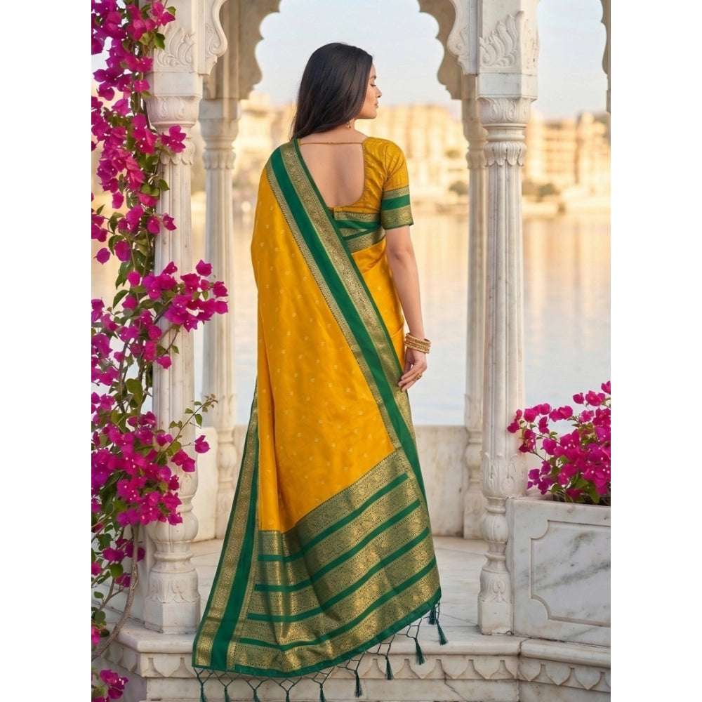 Women's Silk Blend Printed Saree With Unstitched Blouse 5.5Mtr (Yellow-Green)