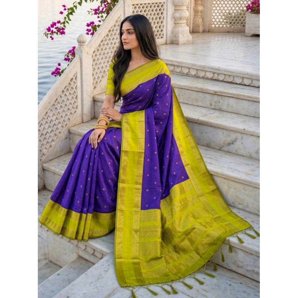 Women's Silk Blend Printed Saree With Unstitched Blouse 5.5Mtr (Purple-Green)