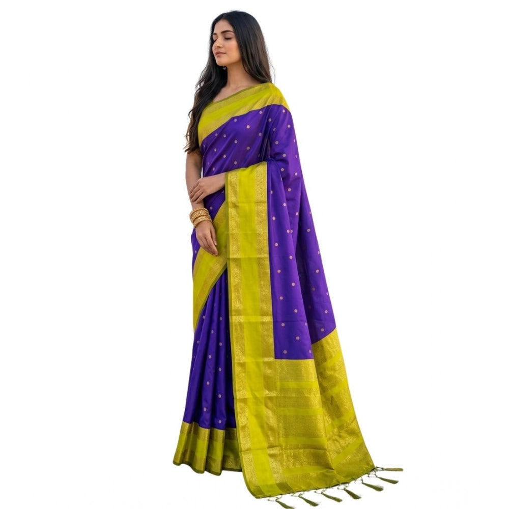 Women's Silk Blend Printed Saree With Unstitched Blouse 5.5Mtr (Purple-Green)