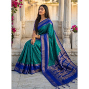 Women's Silk Blend Printed Saree With Unstitched Blouse 5.5Mtr (Teal-Blue)