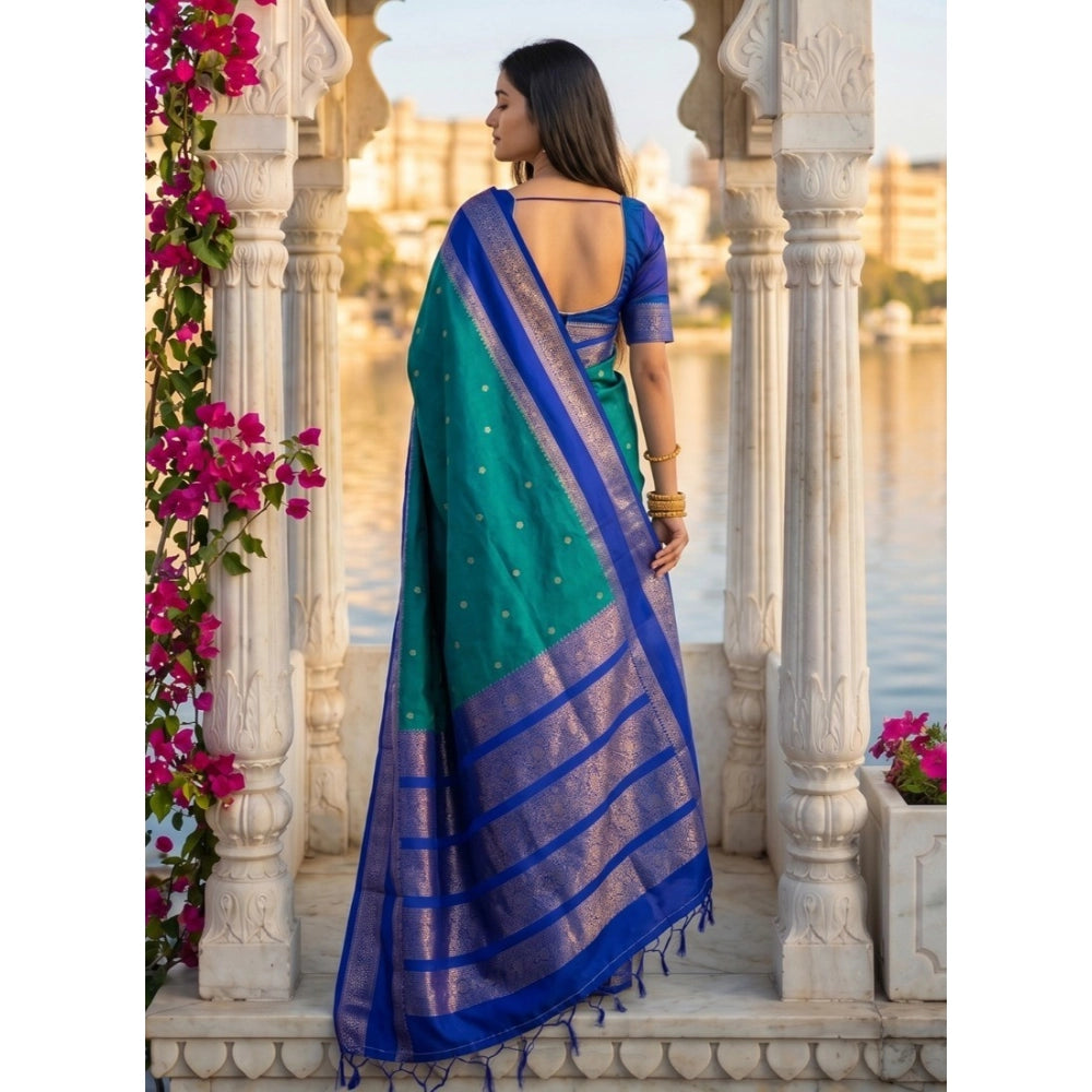 Women's Silk Blend Printed Saree With Unstitched Blouse 5.5Mtr (Teal-Blue)