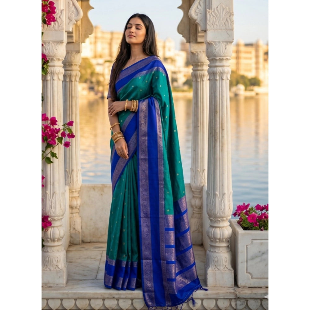 Women's Silk Blend Printed Saree With Unstitched Blouse 5.5Mtr (Teal-Blue)