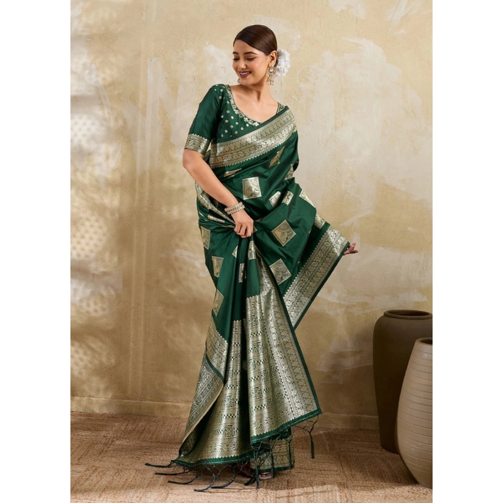 Women's Silk Blend Printed Saree With Unstitched Blouse 5.5Mtr (Dark Green)