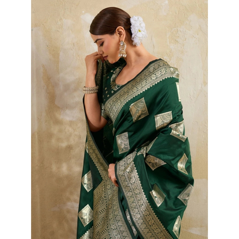 Women's Silk Blend Printed Saree With Unstitched Blouse 5.5Mtr (Dark Green)
