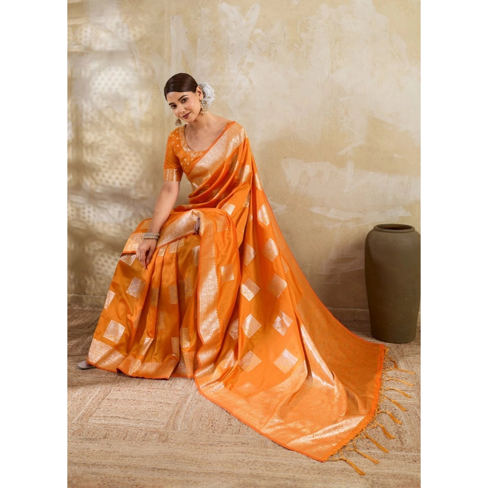 Women's Silk Blend Printed Saree With Unstitched Blouse 5.5Mtr (Orange)
