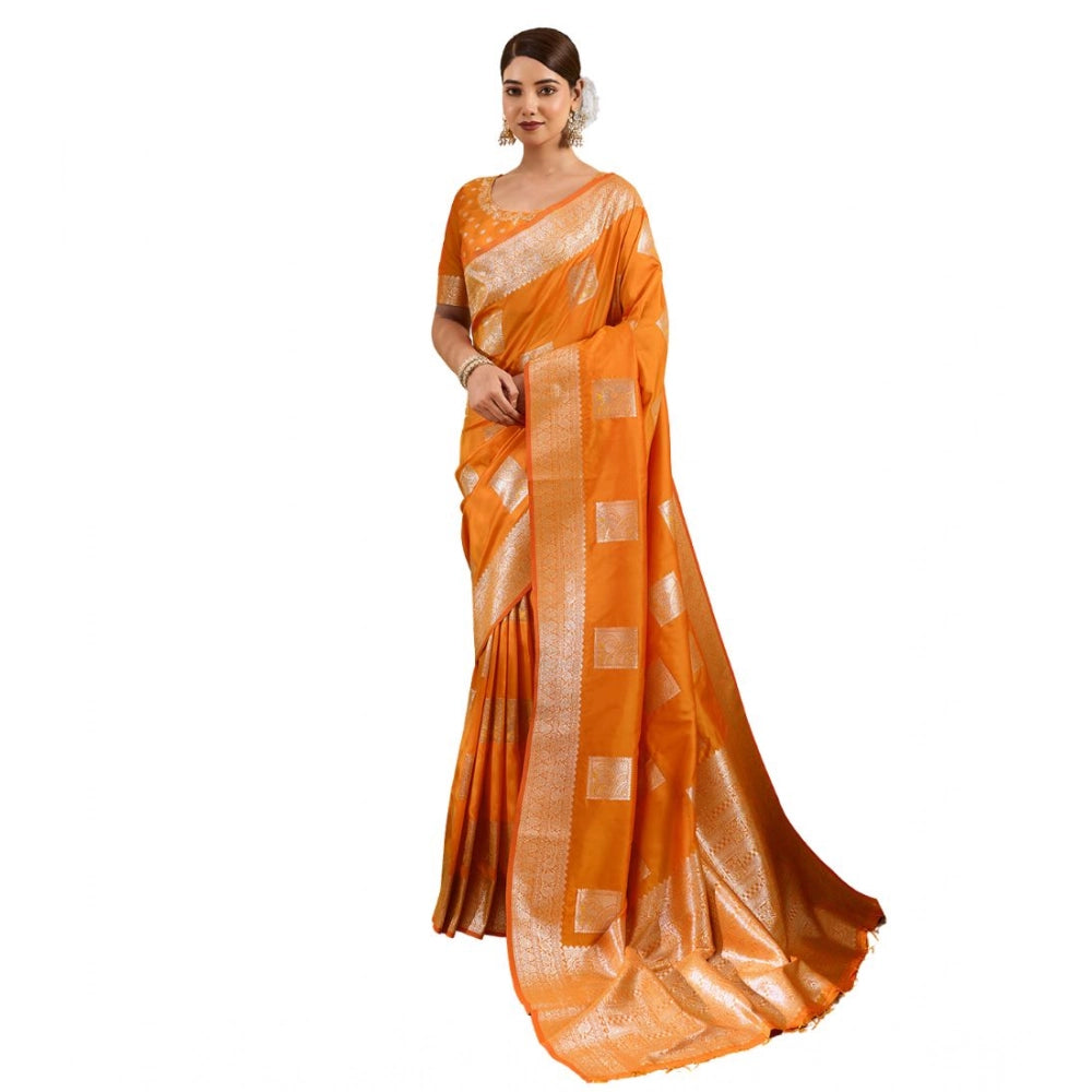 Women's Silk Blend Printed Saree With Unstitched Blouse 5.5Mtr (Orange)