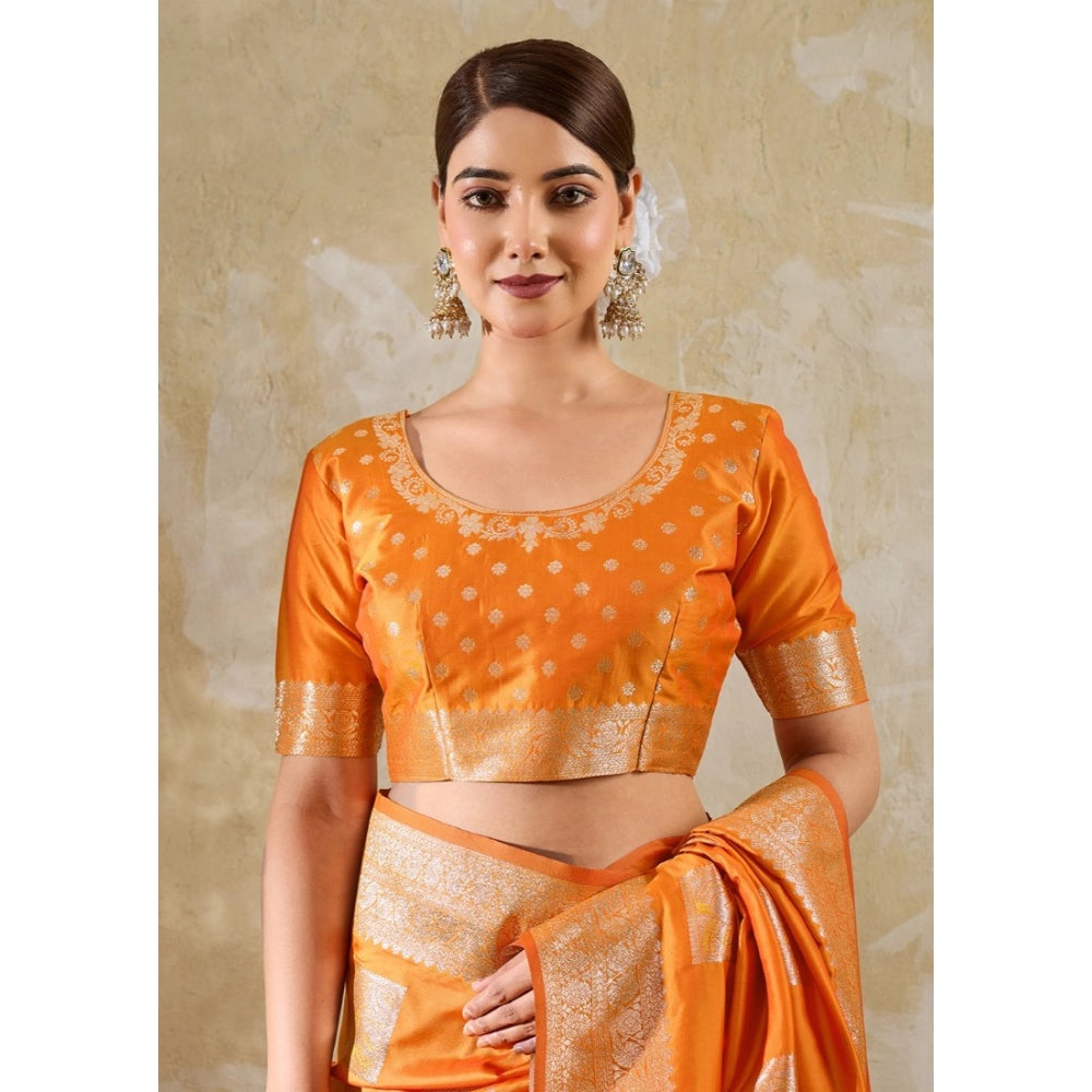 Women's Silk Blend Printed Saree With Unstitched Blouse 5.5Mtr (Orange)