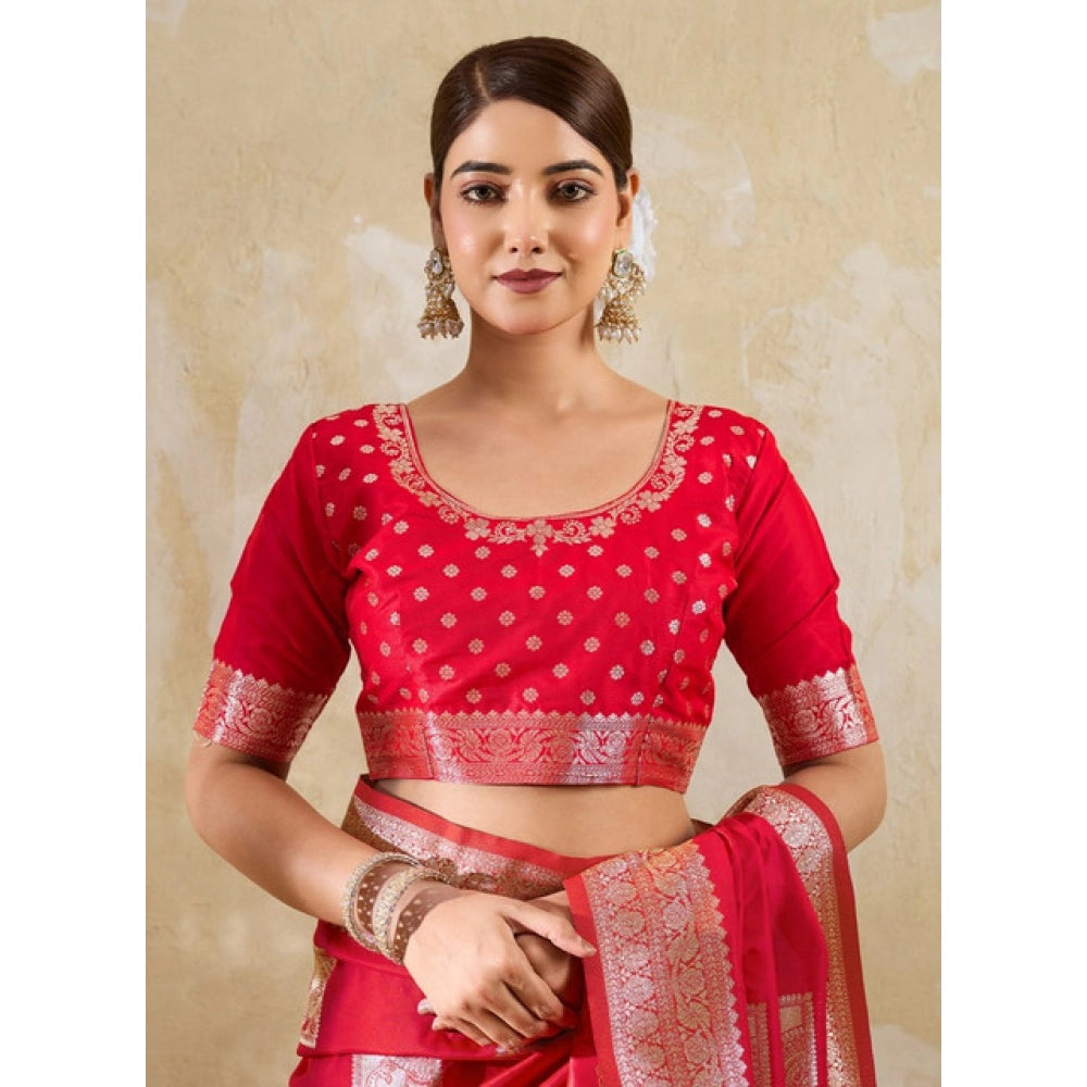 Women's Silk Blend Printed Saree With Unstitched Blouse 5.5Mtr (Red)