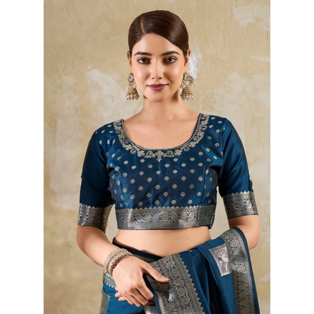 Women's Silk Blend Printed Saree With Unstitched Blouse 5.5Mtr (Teal Blue)