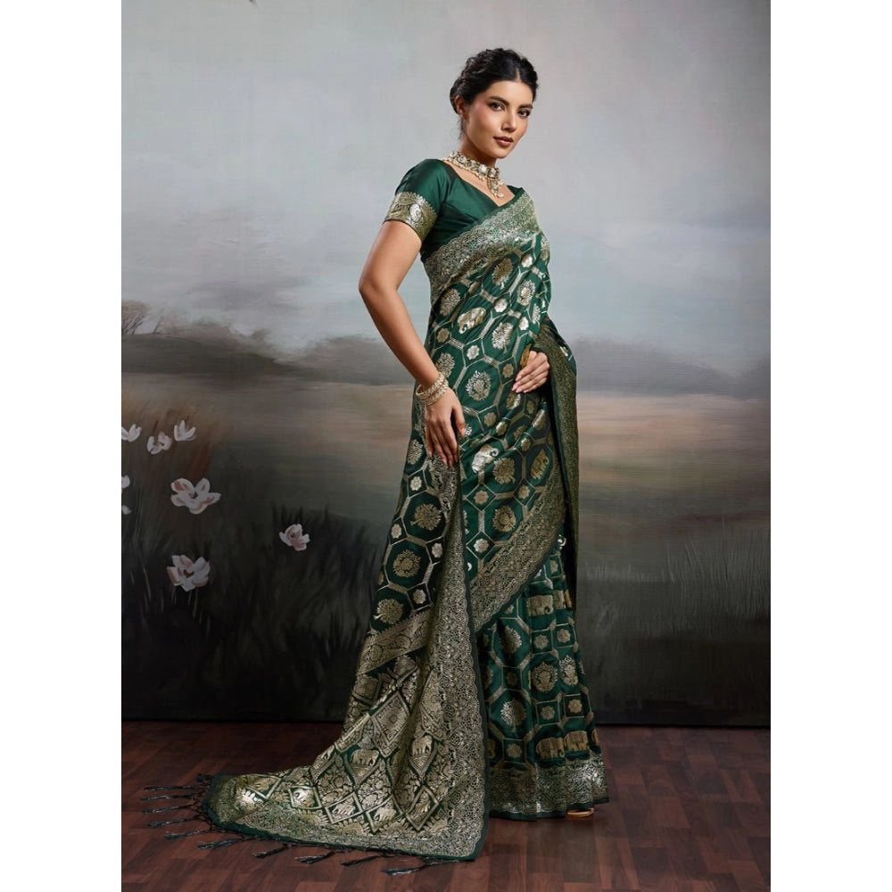 Women's Silk Blend Printed Saree With Unstitched Blouse 5.5Mtr (Bottel Green)