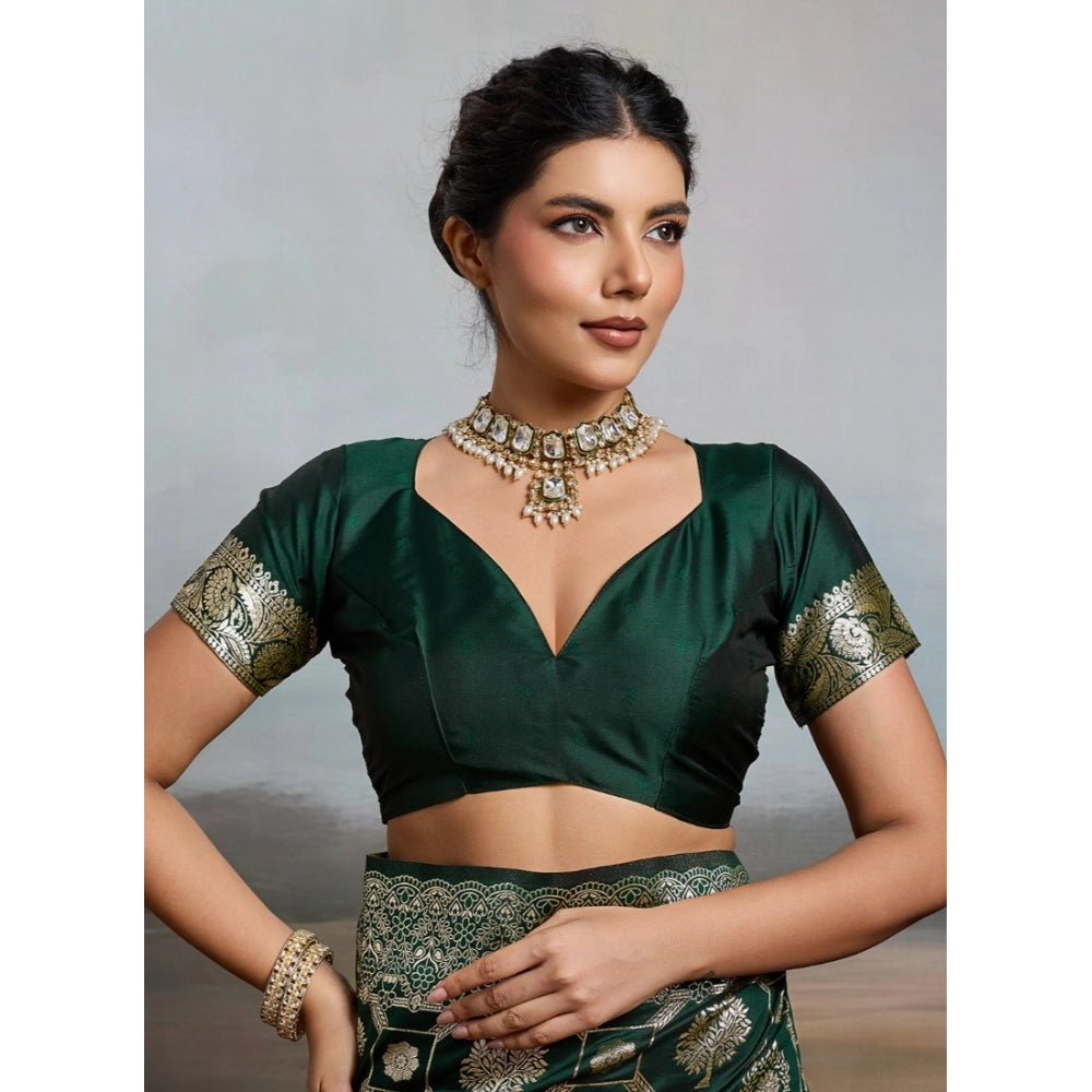 Women's Silk Blend Printed Saree With Unstitched Blouse 5.5Mtr (Bottel Green)