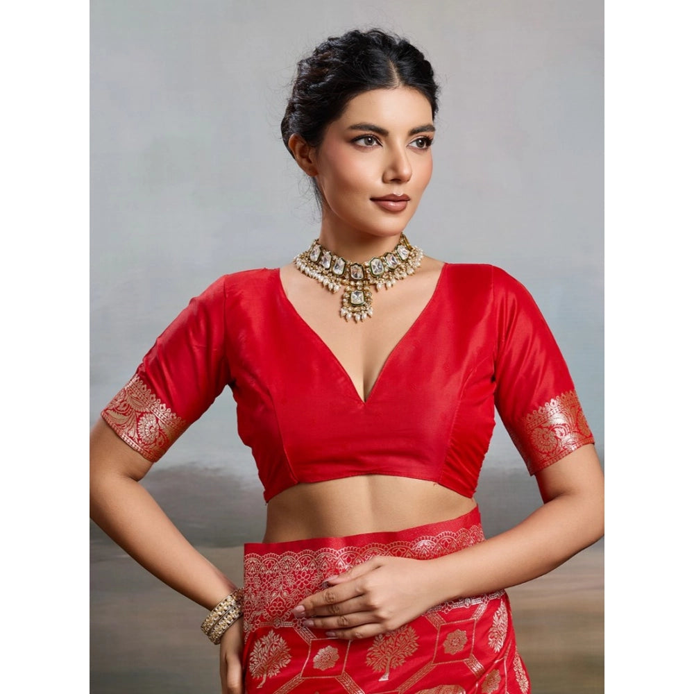 Women's Silk Blend Printed Saree With Unstitched Blouse 5.5Mtr (Red)