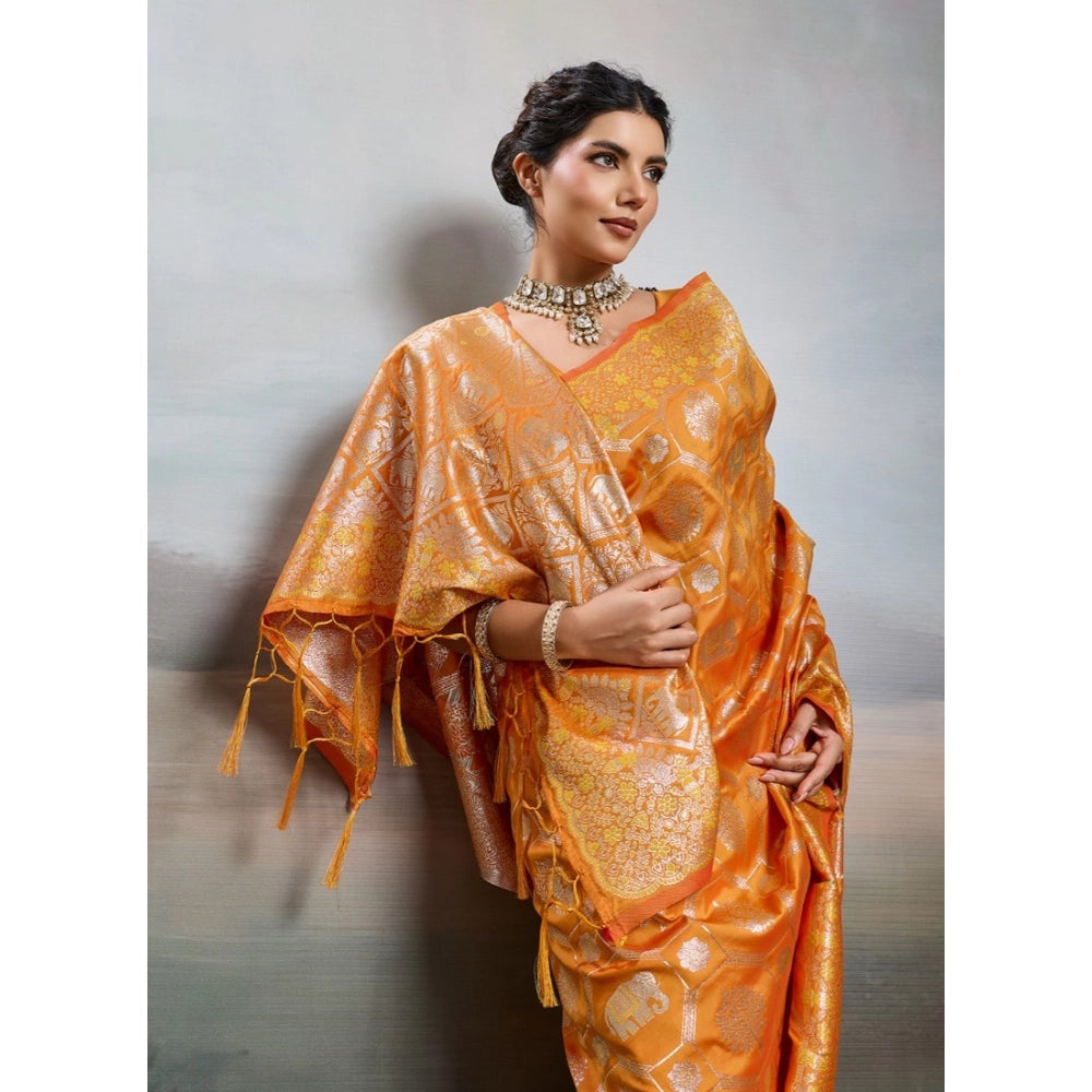 Women's Silk Blend Printed Saree With Unstitched Blouse 5.5Mtr (Orange)