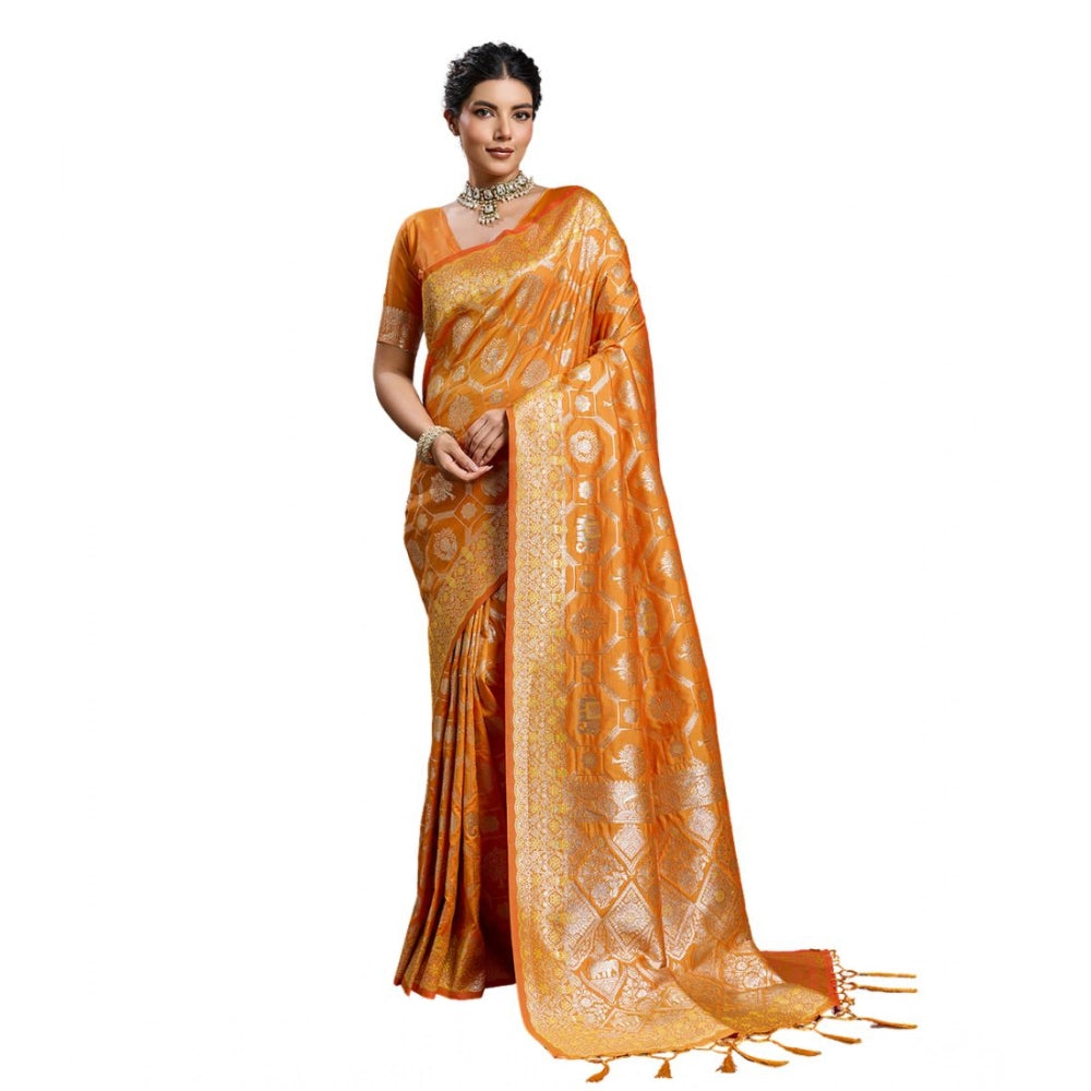 Women's Silk Blend Printed Saree With Unstitched Blouse 5.5Mtr (Orange)