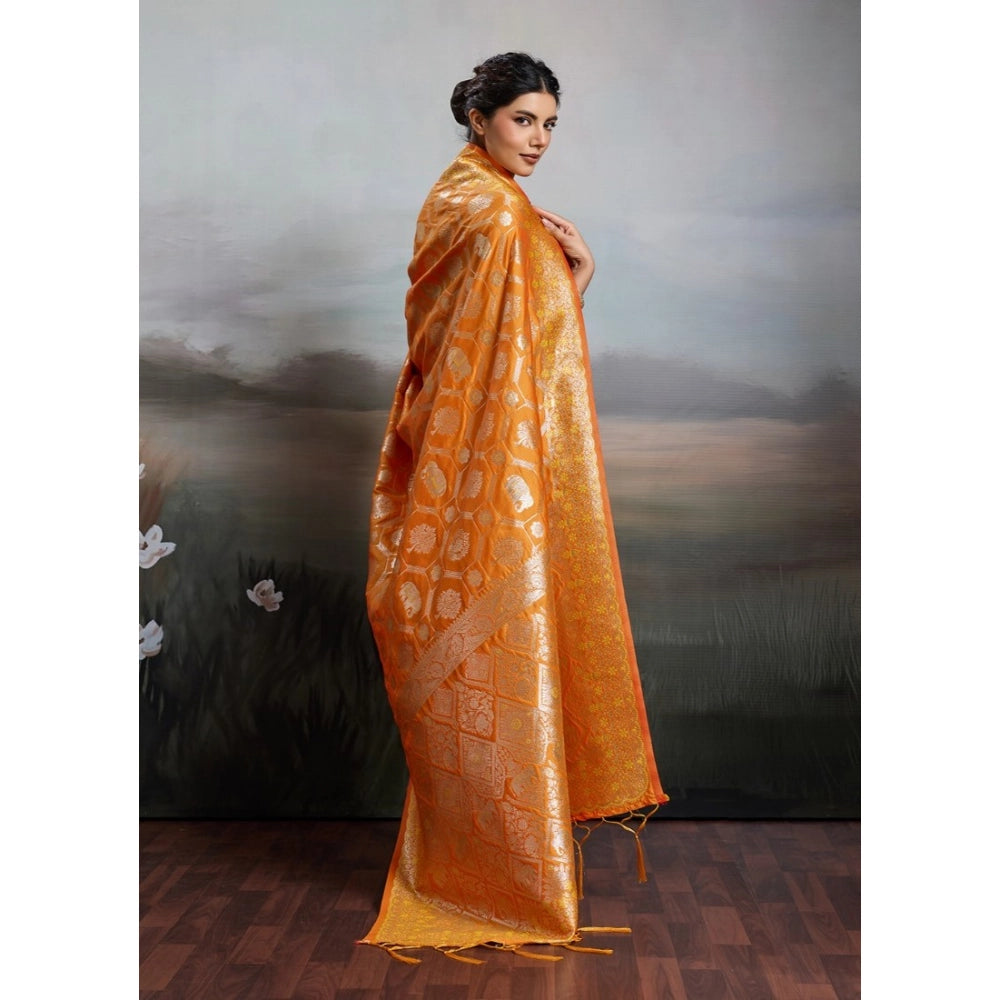 Women's Silk Blend Printed Saree With Unstitched Blouse 5.5Mtr (Orange)